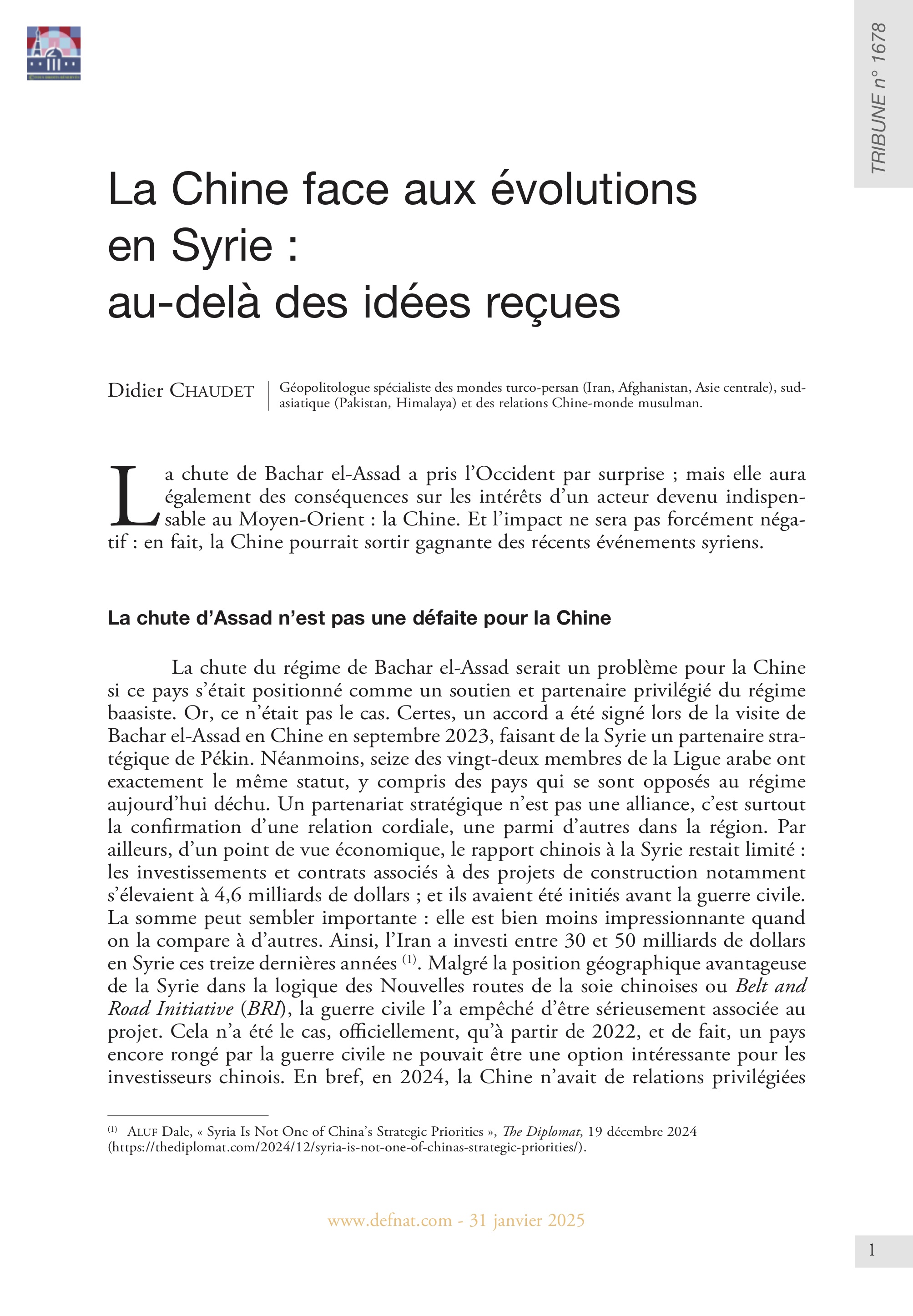 La Chine face aux évolutions en Syrie : au-delà des idées reçues (T 1678)
